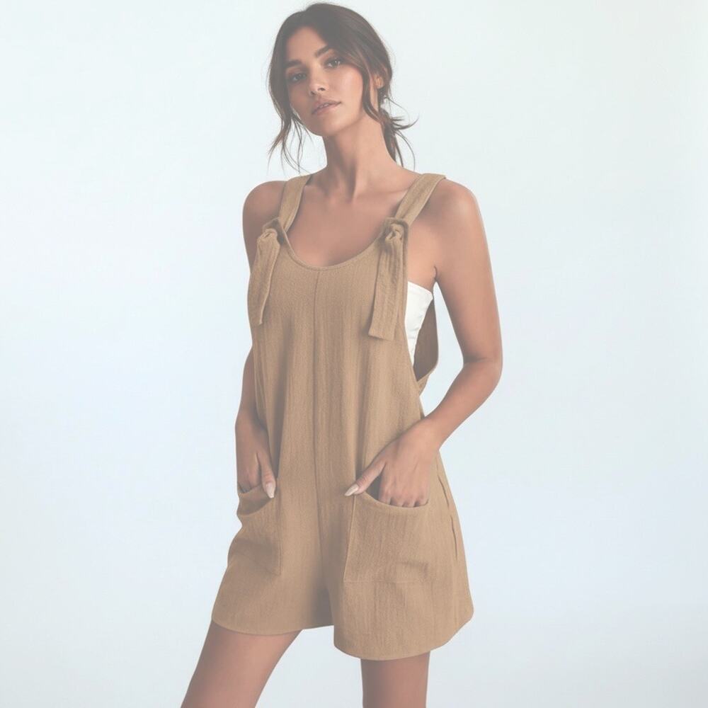 SO Strap Overall Crinkle Cotton Gauze Cocoa Brown Romper, Summer, Lounge Size XL